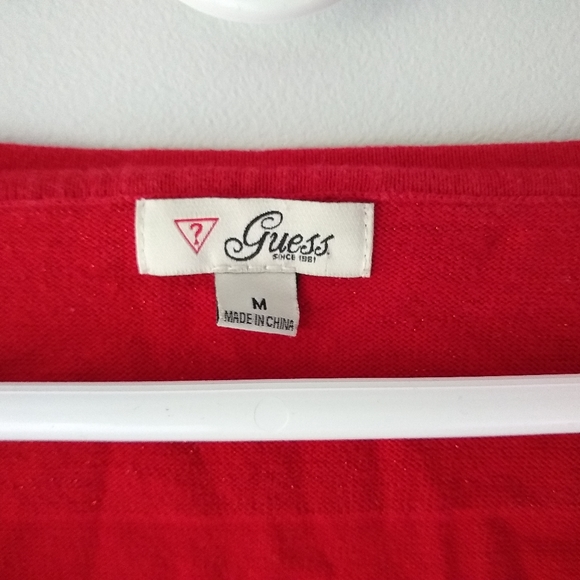 Guess Red Deep V-Neck Sweater, Wide Red Glittery Metallic Stripes, Medium - Picture 2 of 9